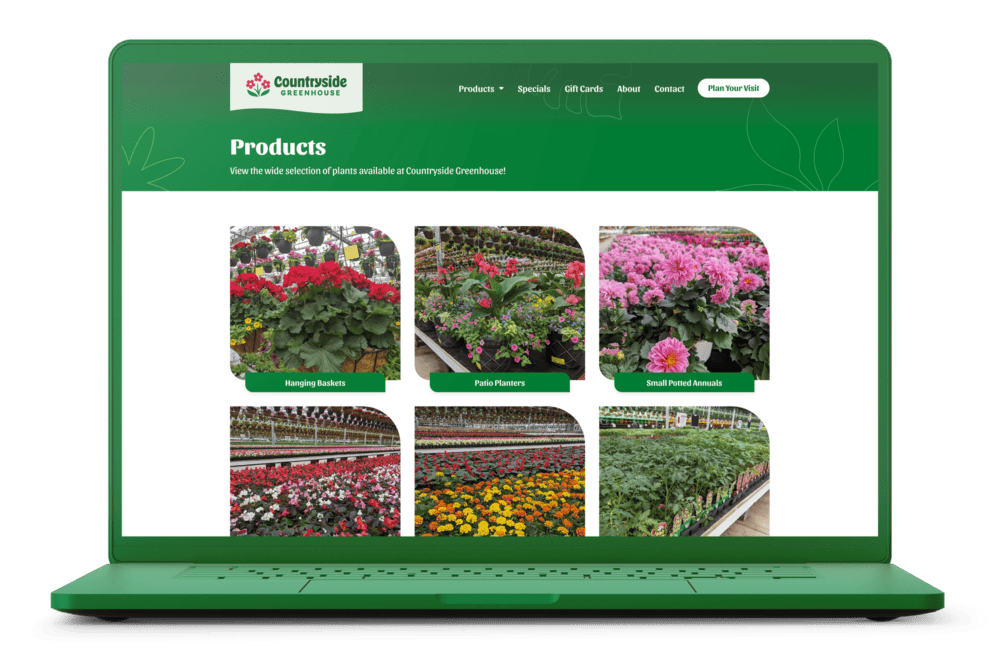 Countryside Greenhouse website Products page on a laptop