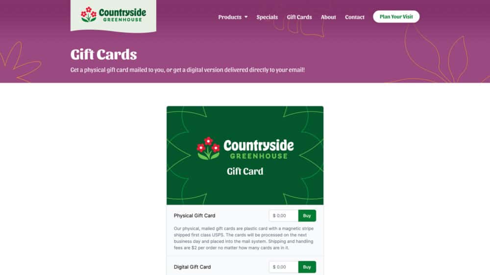 Countryside Greenhouse gift cards page