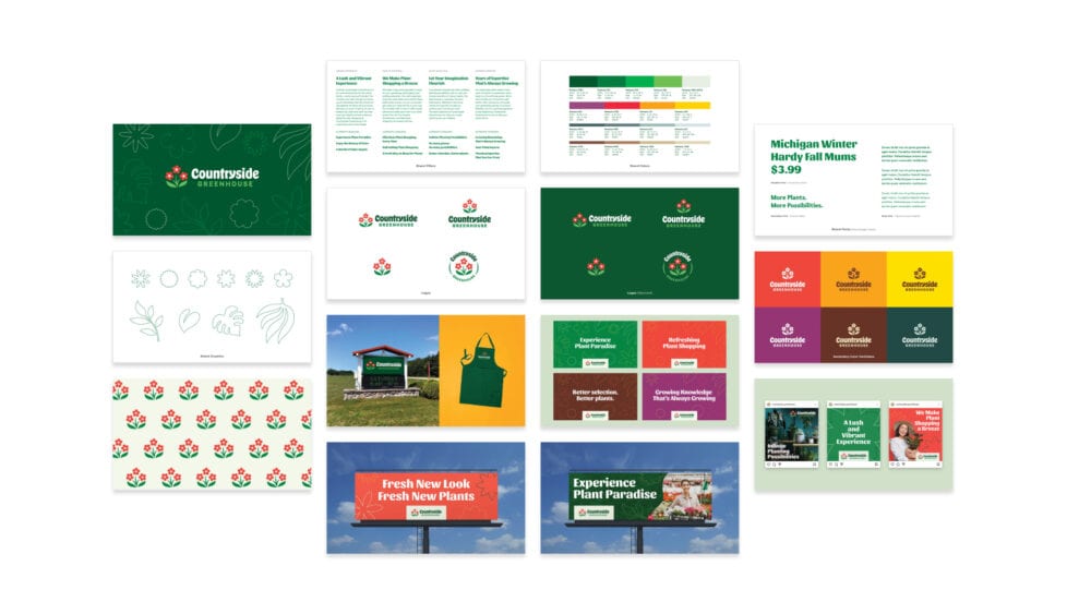 Countryside Greenhouse Brand Guide Pages in a collage