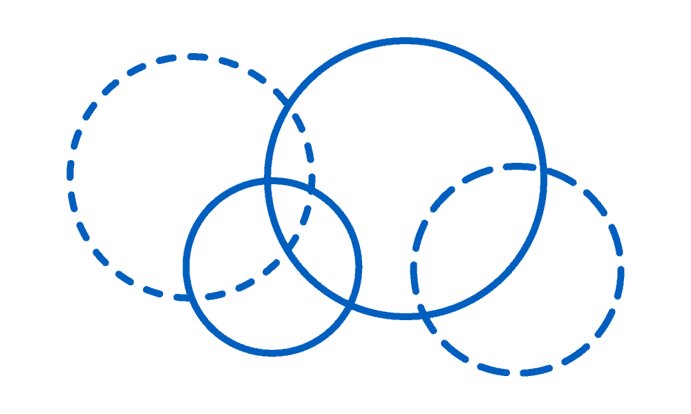 Four circles of various sizes overlapping each other