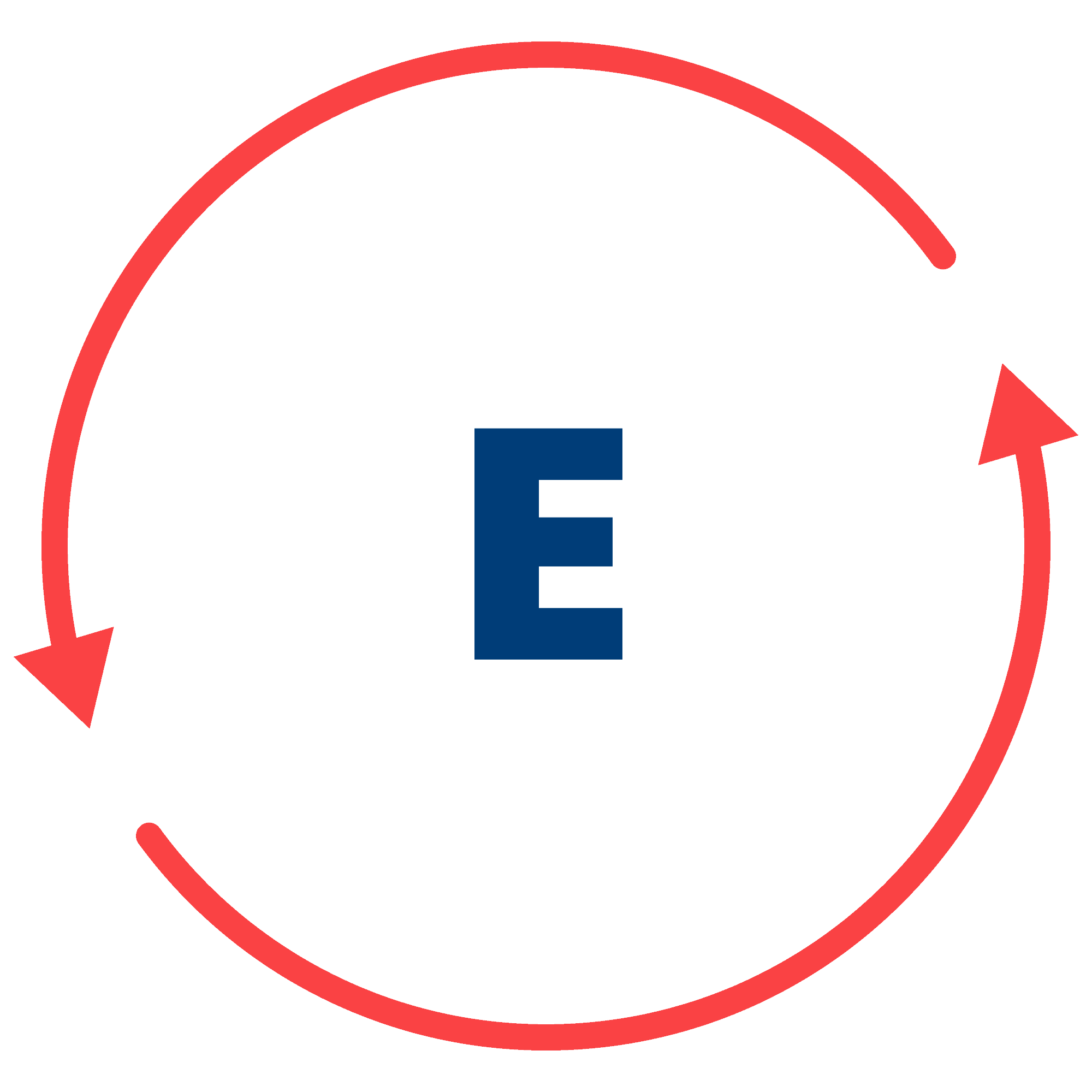 Letter E in a circle made of two arrows