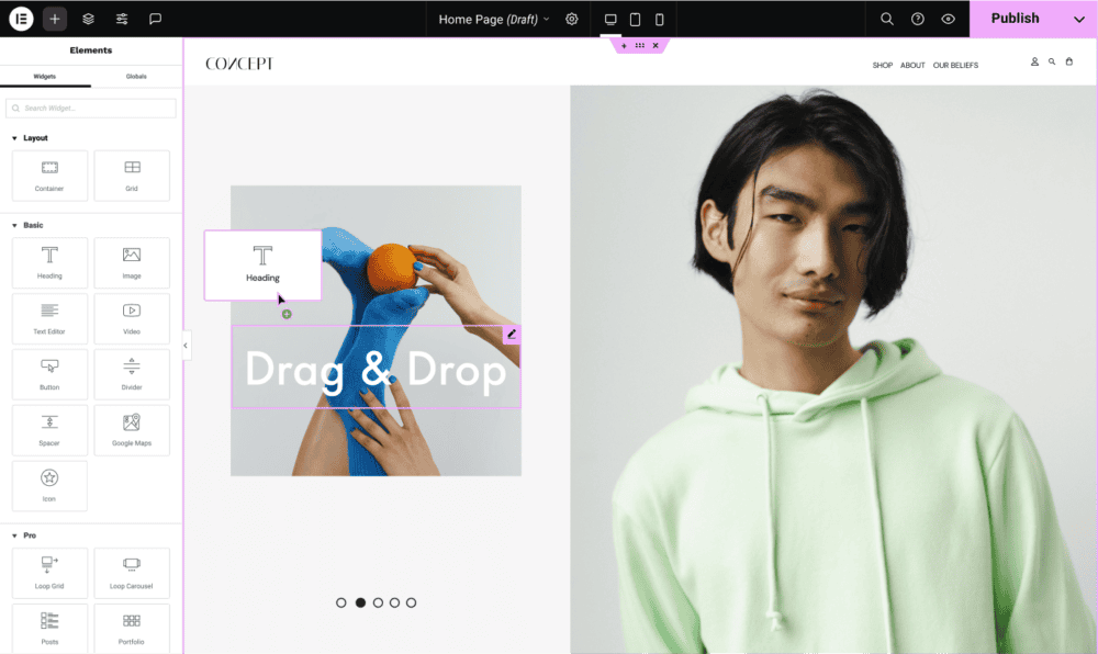 Screenshot of a design or e-commerce platform interface with a drag-and-drop feature. The screen shows two main sections: on the left, an image with 'Drag & Drop' text, suggesting a customizable layout area, and on the right, a photo of a model in a light green hoodie. The interface includes navigation and editing options at the top.