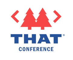 Logo for THAT Conference, featuring two red pine trees with code brackets on each side, symbolizing a tech or coding theme. The word 'THAT' is displayed in bold blue text, with 'CONFERENCE' written below in smaller font.