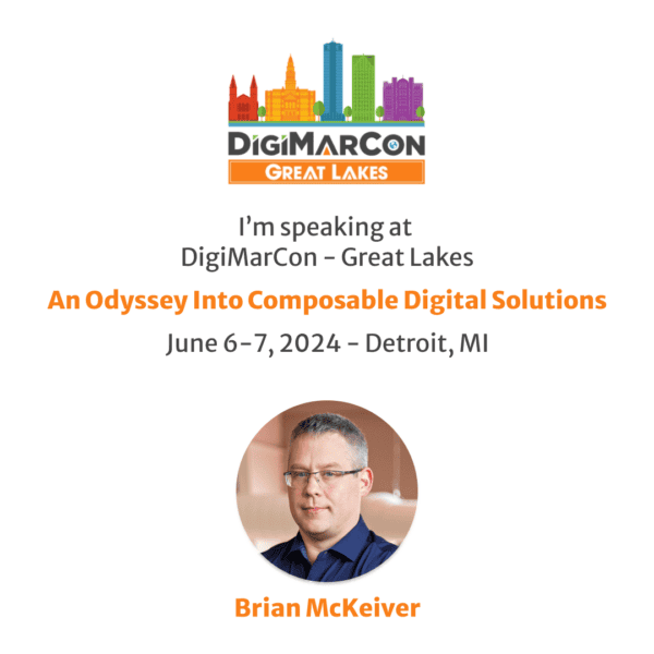 Photo of man with arms crossed, smiling at camera on white background with dark grey text reading "An Odyssey into Composable Digital Solutions"
