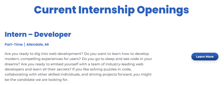 Screenshot of a job posting or internship opportunity titled 'Internship Open.' The description highlights interest in web development, problem-solving in code, and working with a team of industry-leading professionals. It targets individuals passionate about coding and driving projects forward.