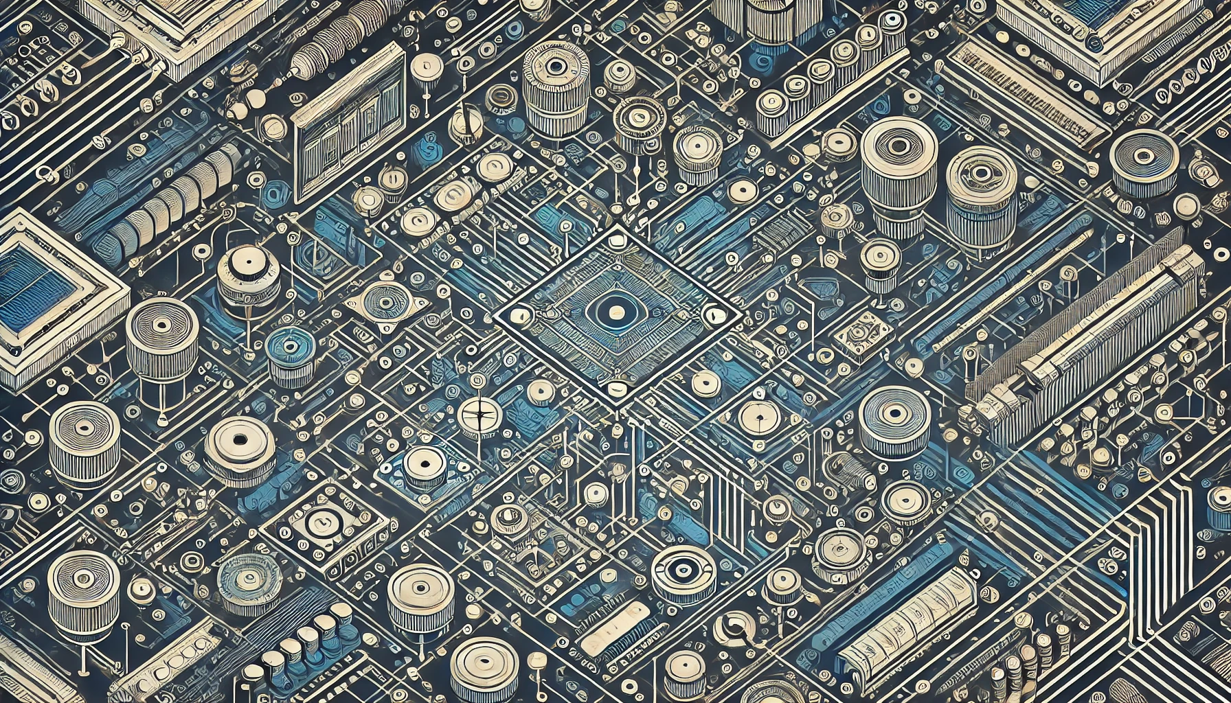 Image of a highly detailed circuit board, showing intricate pathways, capacitors, and other electronic components in a complex pattern.