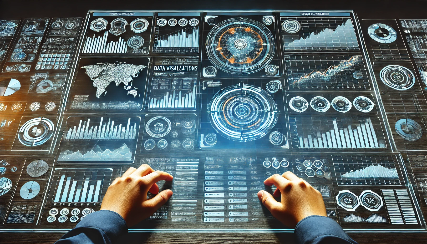 Image of a futuristic digital interface with holographic data displays, graphs, and charts. A person's hands are visible interacting with the interface, suggesting a high-tech control or analysis setup.