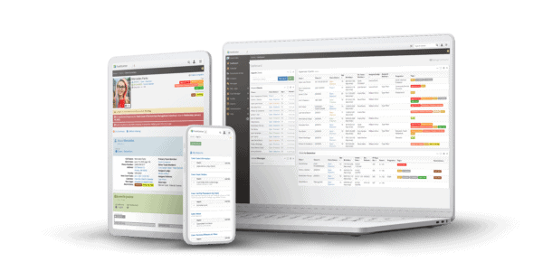 A multi-device display showcasing the YouthCenter application by BizStream, visible on a smartphone, tablet, and laptop screen. The application interface includes client summaries, case information, and dashboards tailored for juvenile case management.