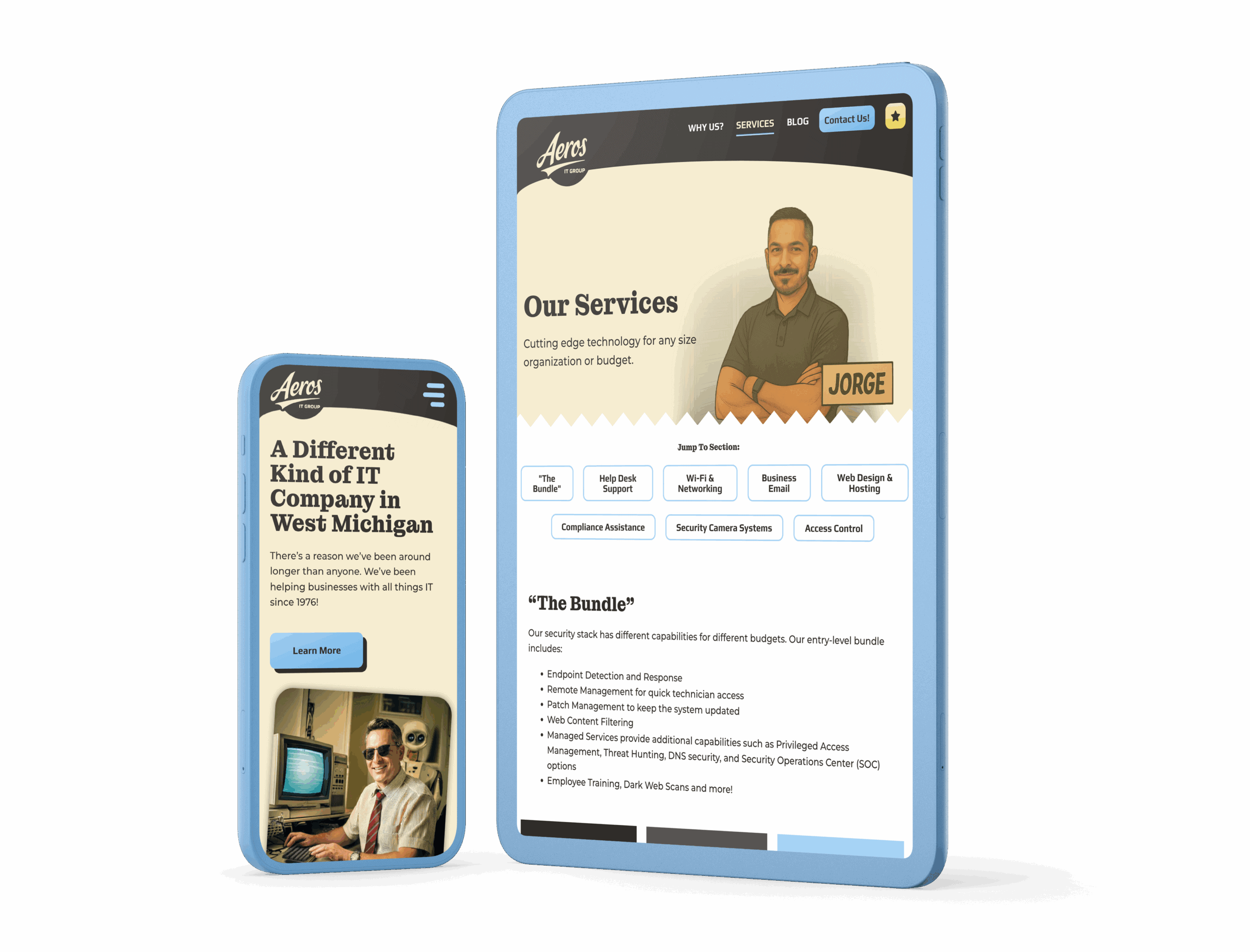 Mockup of Aeros IT Group’s responsive website displayed on a smartphone and tablet, showing the homepage tagline and services page with staff illustration.
