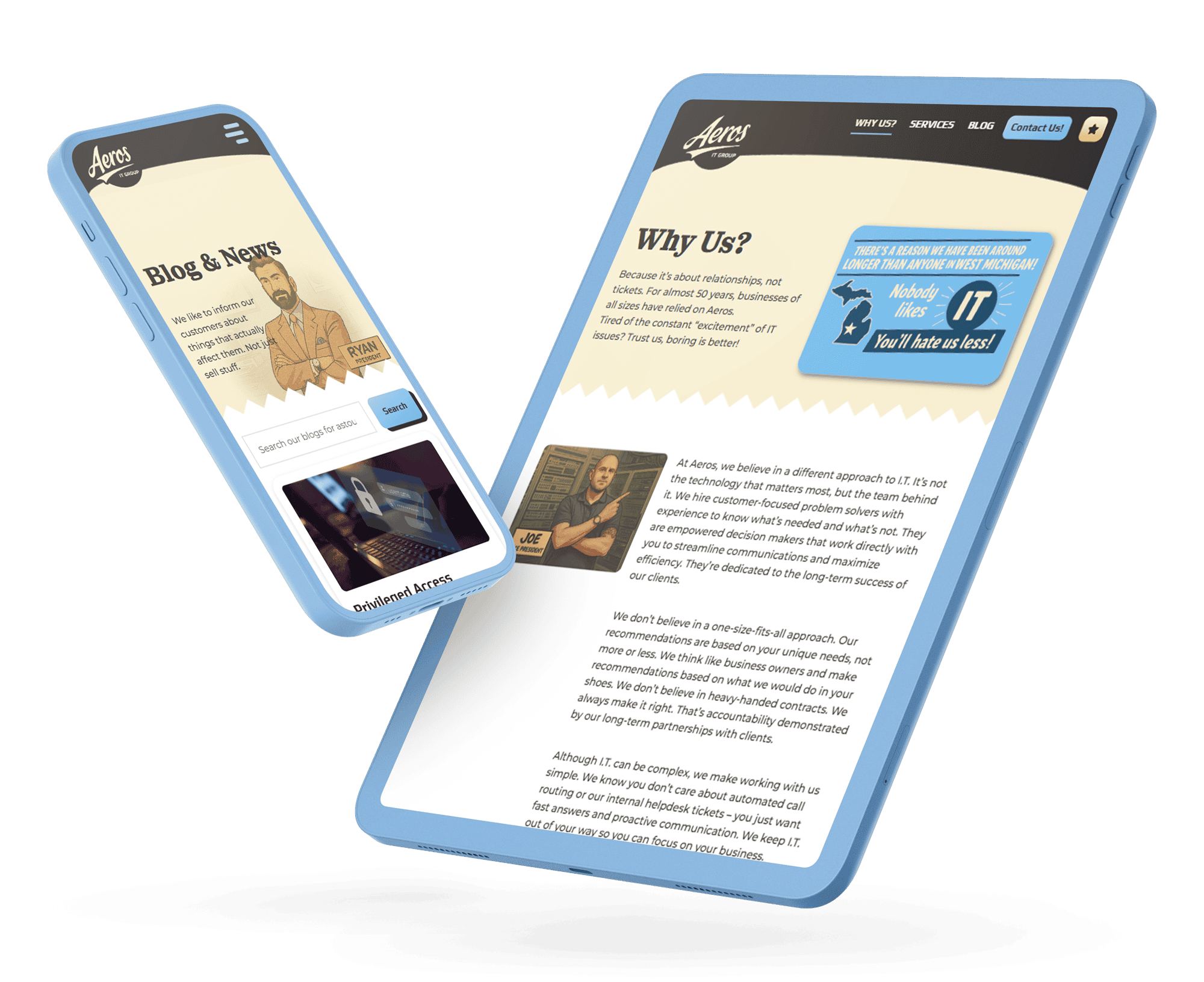 Mockup of Aeros IT Group’s responsive website displayed on a smartphone and tablet, highlighting the Blog & News section on mobile and the 'Why Us?' page with customer-focused messaging on tablet.