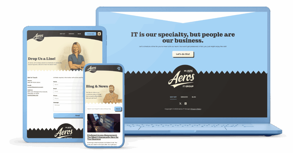 Mockup of Aeros IT Group’s responsive website shown on laptop, tablet, and mobile devices, featuring a retro-inspired design, prominent call-to-action, contact form, and blog section.