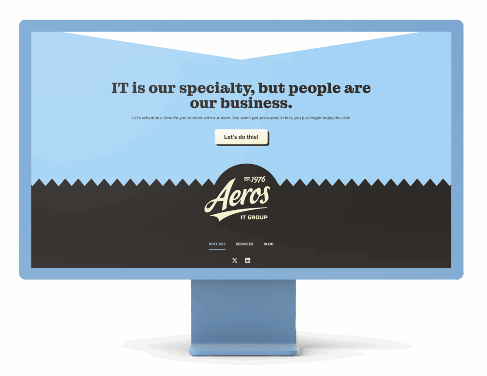 Mockup of Aeros IT Group’s website displayed on a desktop monitor, showing the homepage with the tagline 'IT is our specialty, but people are our business' over a blue and black design.