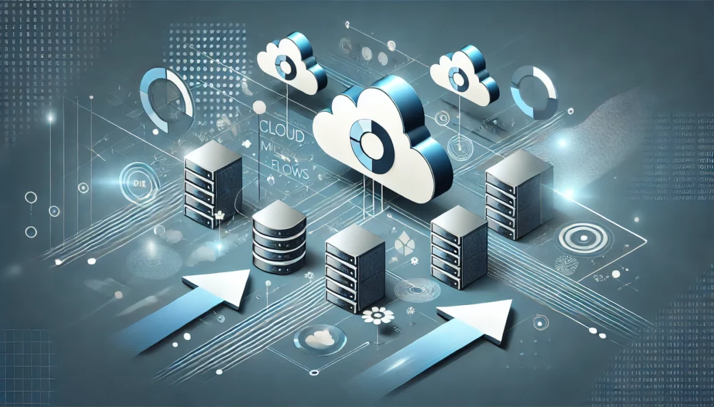 Illustration of cloud computing and data storage concept, featuring cloud icons, server stacks, and arrows indicating data flow between the servers and clouds. The design includes digital and futuristic elements, representing networked data systems.