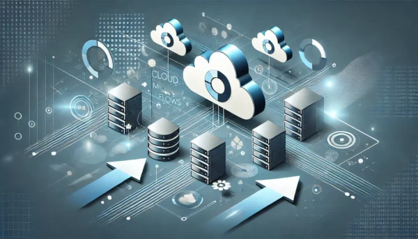 Illustration of cloud computing and data storage concept, featuring cloud icons, server stacks, and arrows indicating data flow between the servers and clouds. The design includes digital and futuristic elements, representing networked data systems.