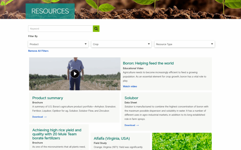 Resources webpage for U.S. Borax agriculture, featuring a search bar with filters for product, crop, and resource type. Below are educational materials including a video titled 'Boron: Helping feed the world,' brochures, data sheets, and field studies such as 'Solubor,' 'Product summary,' and studies on high rice yield and alfalfa. The header image shows young plants growing in soil.