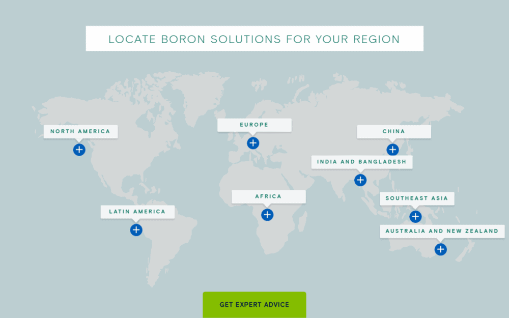 World map labeled with regions for locating boron solutions, including North America, Latin America, Europe, Africa, China, India and Bangladesh, Southeast Asia, and Australia and New Zealand. Each region is marked with a blue plus icon, and a green button at the bottom reads 'Get Expert Advice'.