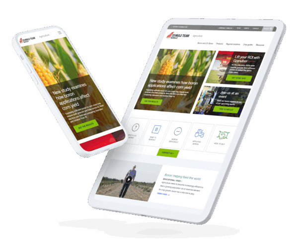 Responsive mockup of the U.S. Borax agriculture website displayed on a smartphone and tablet. The homepage features a highlighted study on how boron applications affect corn yield, along with promotional banners for Granubor ROI benefits and upcoming events. Below are icons linking to key sections such as 'What is Boron?' and 'How to Buy,' followed by an educational video on boron's role in agriculture.
