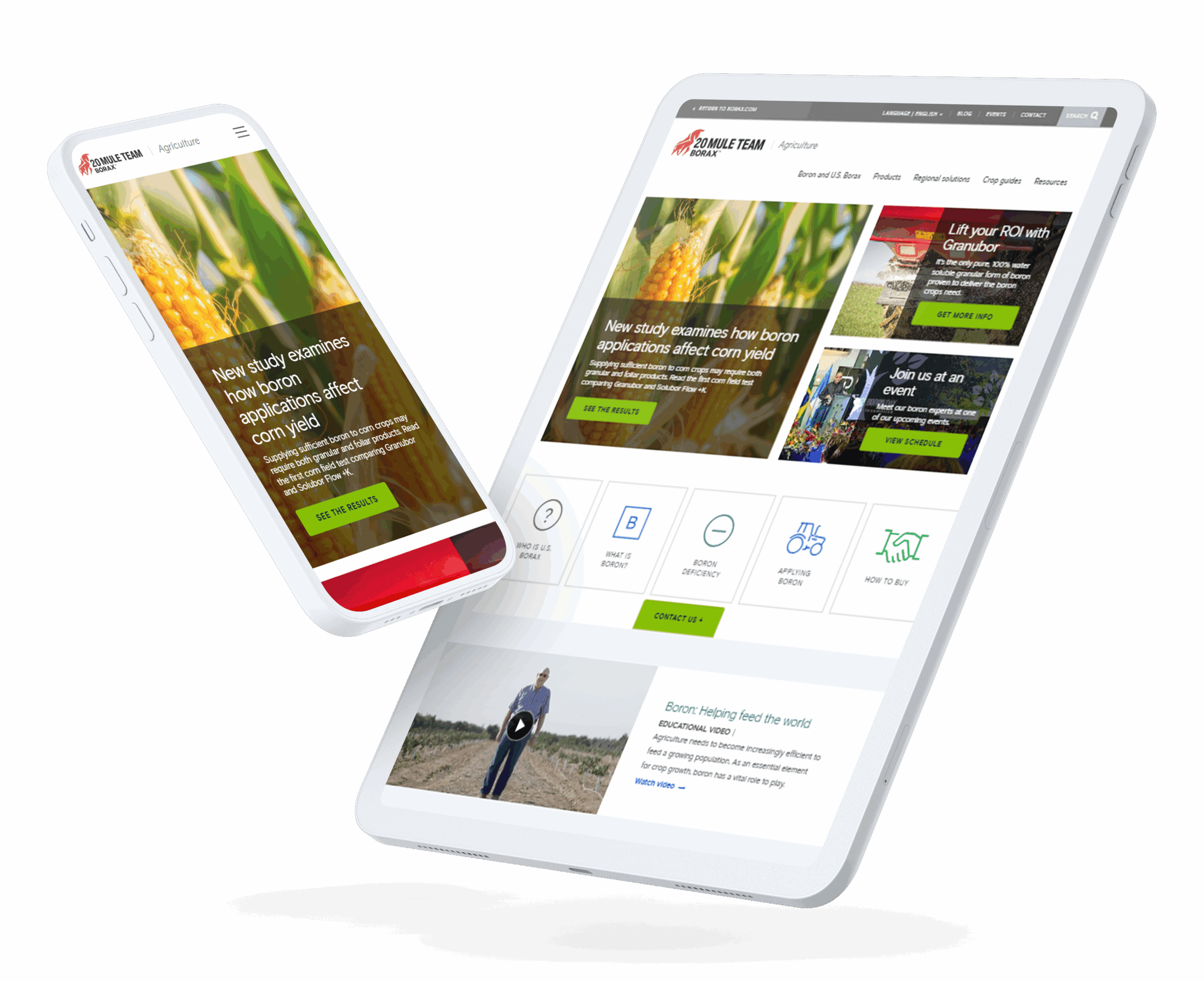 Responsive mockup of the U.S. Borax agriculture website displayed on a smartphone and tablet. The homepage features a highlighted study on how boron applications affect corn yield, along with promotional banners for Granubor ROI benefits and upcoming events. Below are icons linking to key sections such as 'What is Boron?' and 'How to Buy,' followed by an educational video on boron's role in agriculture.