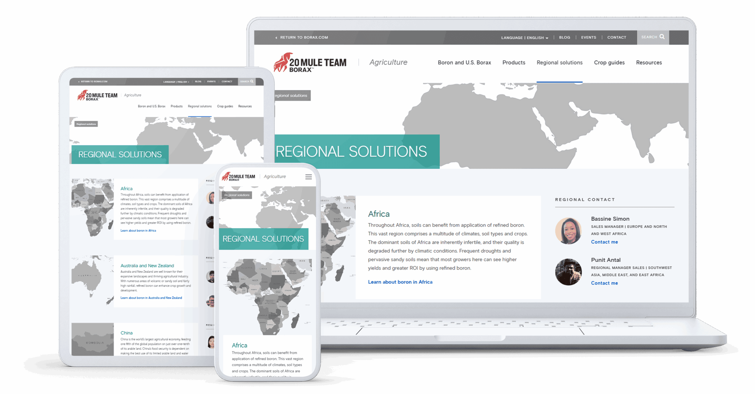 Responsive website mockup for 20 Mule Team Borax's 'Regional Solutions' agriculture page, displayed on a laptop, tablet, and smartphone. The interface features a map, region-specific boron application information, and contact profiles for regional sales managers.