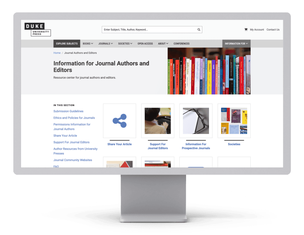 Screenshot of a website displayed on a desktop monitor, showing a homepage with a focus on journal authors and editors. The layout includes a banner image of books, navigation links, and sections for various resources and information.