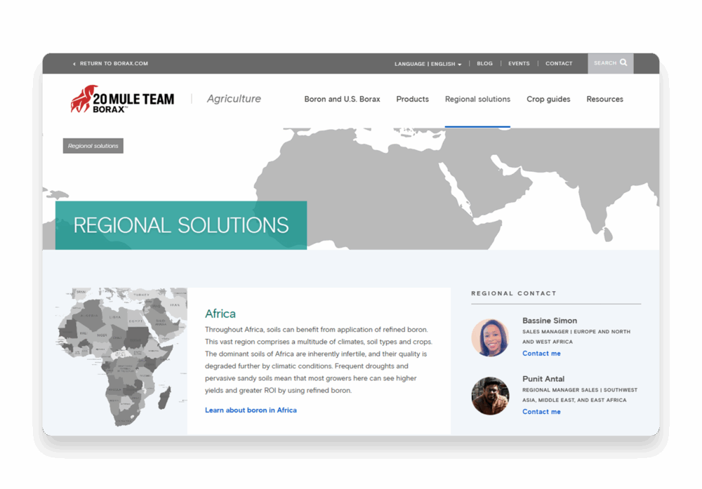 Screenshot of the U.S. Borax agriculture webpage on a black background, showing regional boron solutions for Africa with contact details for sales managers Bassine Simon and Punit Antal.