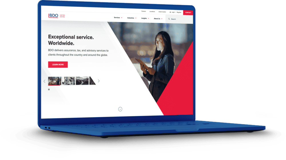 Image of a laptop screen displaying a professional website. The website features a banner image of a woman holding a tablet, with text emphasizing customer service and solutions. The design includes bold red accents, suggesting a modern, business-oriented layout.