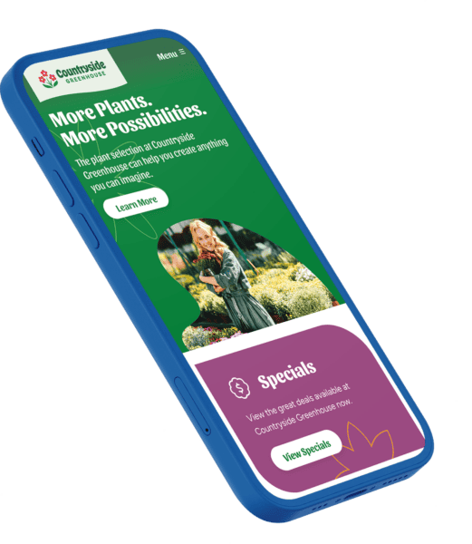 Image of a mobile device screen displaying a green and purple-themed webpage. The page features an agricultural theme with a header that reads 'More Plants, More Possibilities.' There is a background image of a farmer in a field and a prominent 'Learn More' button. The design highlights an initiative focused on sustainability or agricultural productivity.