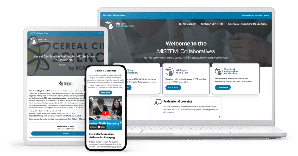 Image showing the responsive design of a website for MiSTEM Collaboratives, displayed on various devices including a smartphone, tablet, and laptop. The website has a clean, modern interface with sections welcoming users and providing resources related to STEM education.