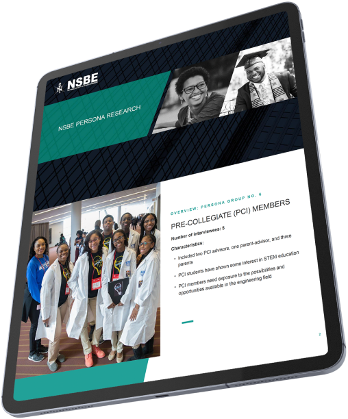 A tilted tablet screen displaying a page from the "NSBE Persona Research" report. The page is titled "Pre-Collegiate (PCI) Members" and includes photos of students in lab coats, a summary of characteristics, and NSBE branding with a green and black geometric design.