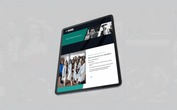 A tilted tablet screen displays a NSBE Persona Research report page focused on Pre-Collegiate (PCI) Members. The tablet is centered on a gray background with faded images of NSBE event attendees and speakers in the background, emphasizing the featured report.