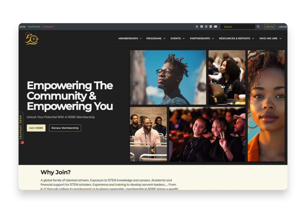 Web browser mockup of the NSBE homepage centered on a solid black background. The screen features the message “Empowering The Community & Empowering You,” with images of NSBE members and links to join or renew membership.