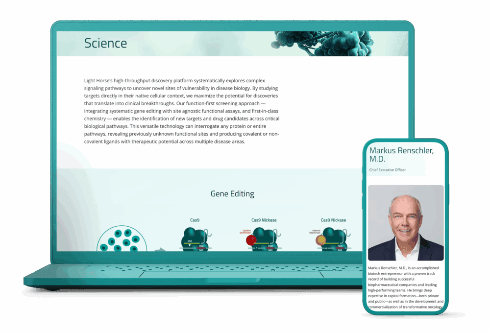 Mockup of the Light Horse website on two devices, showing the Science page and a staff info page.