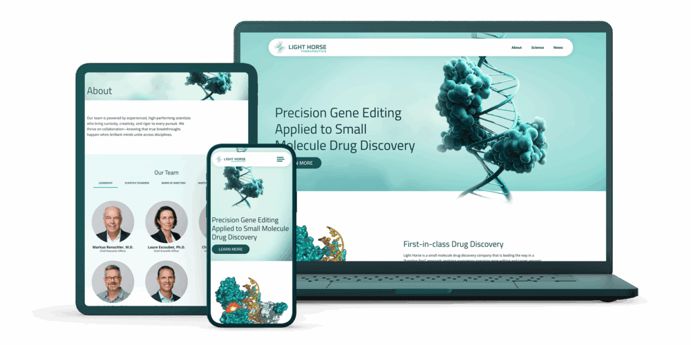 Light Horse therapeutics website mockup, featuring the home and About pages on multiple devices.