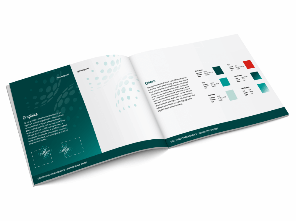Mockup of the Light Horse brand guide, showing two pages of a spread that describe how to best use colors and graphics for brand collateral.