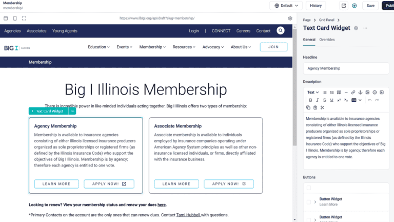 Screenshot of the Big I Illinois Membership page being edited in Storyblok CMS using a BizStream-built accelerator. The interface shows a grid panel with two membership options: Agency Membership and Associate Membership, each with descriptions and call-to-action buttons. The right-side panel displays editing options for a 'Text Card Widget,' including a headline, description, and buttons.