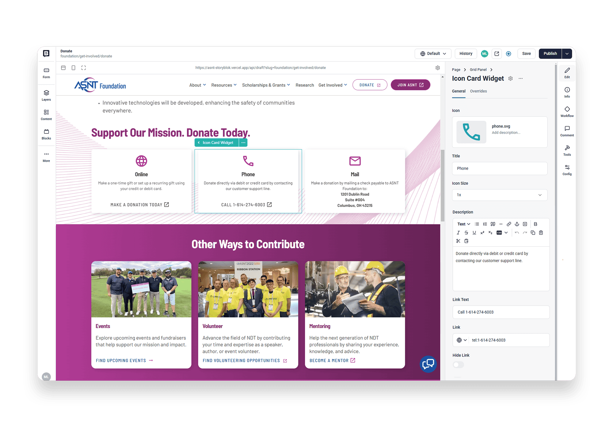 Screenshot of the Storyblok editor showcasing the ASNT Foundation 'Donate' page with options for contributing online, via phone, or mail. The page also highlights 'Other Ways to Contribute,' including events, volunteer opportunities, and mentoring.