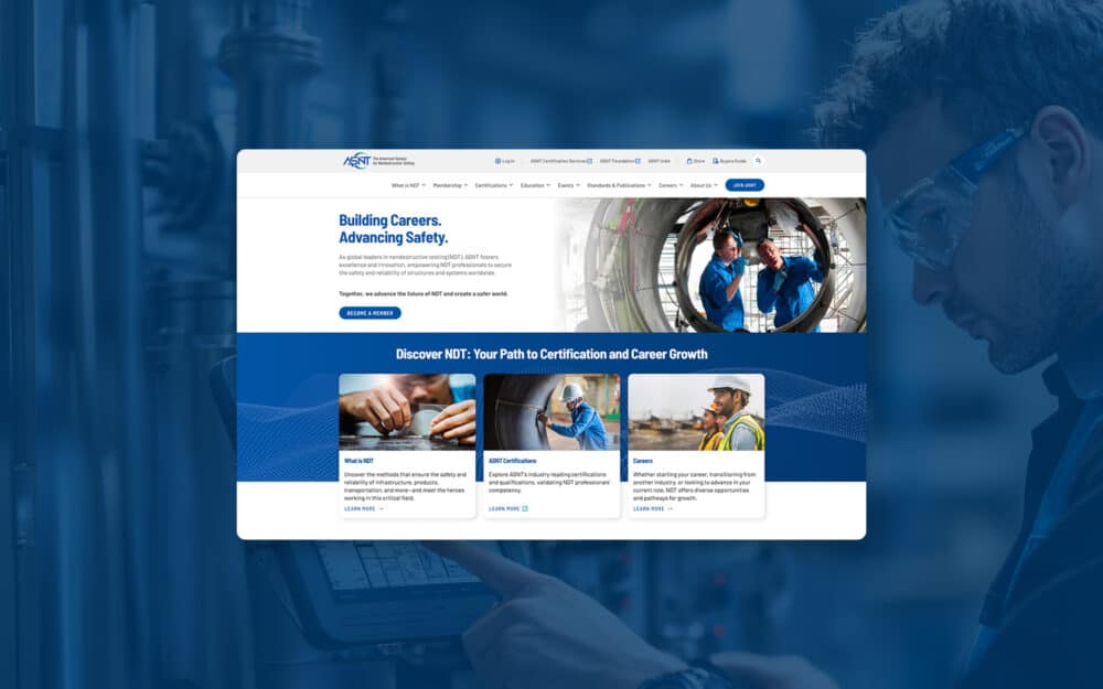 Screenshot of the American Society for Nondestructive Testing (ASNT) website homepage on blue background.