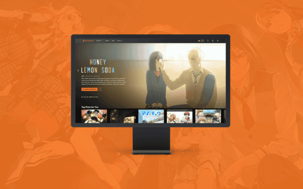 Crunchyroll homepage displayed on a sleek monitor, featuring the anime 'Honey Lemon Soda' as the main highlight with its synopsis and a 'Start Watching' button. The background is styled with an orange anime-themed overlay, and a 'Top Picks for You' section is shown below with curated anime recommendations.