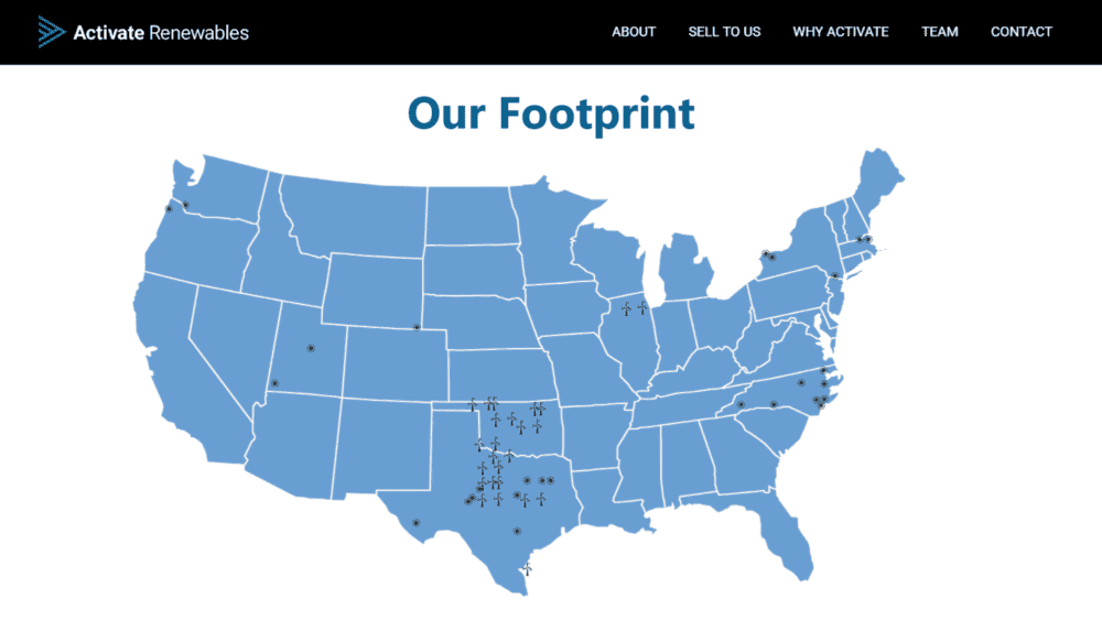 A U.S. map titled 'Our Footprint' displaying Activate Renewables' presence across the country, marked with icons representing renewable energy projects, particularly concentrated in Texas and surrounding states.
