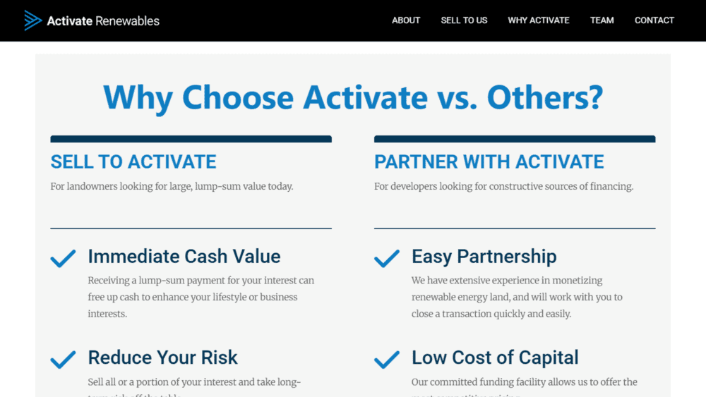 A comparison section from the Activate Renewables website titled 'Why Choose Activate vs. Others?' highlighting benefits for landowners selling to Activate and developers partnering with Activate, including immediate cash value, reduced risk, easy partnership, and low cost of capital.