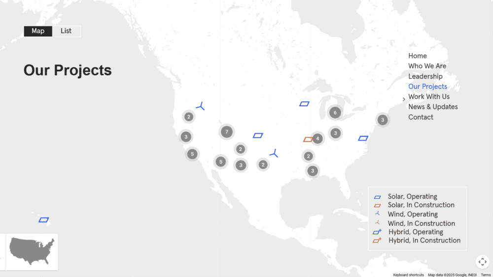 A map of North America from the DESRI website showing the locations of renewable energy projects, including solar, wind, and hybrid projects, categorized by operating and in-construction statuses.