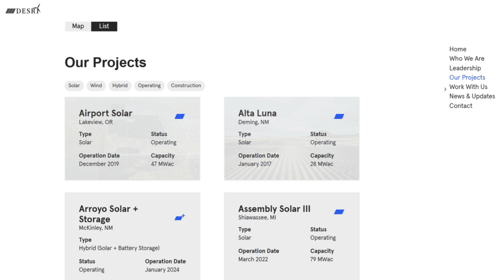 A project list from the DESRI website displaying details of various renewable energy projects, including solar and hybrid installations, with operation dates, locations, capacity, and status.