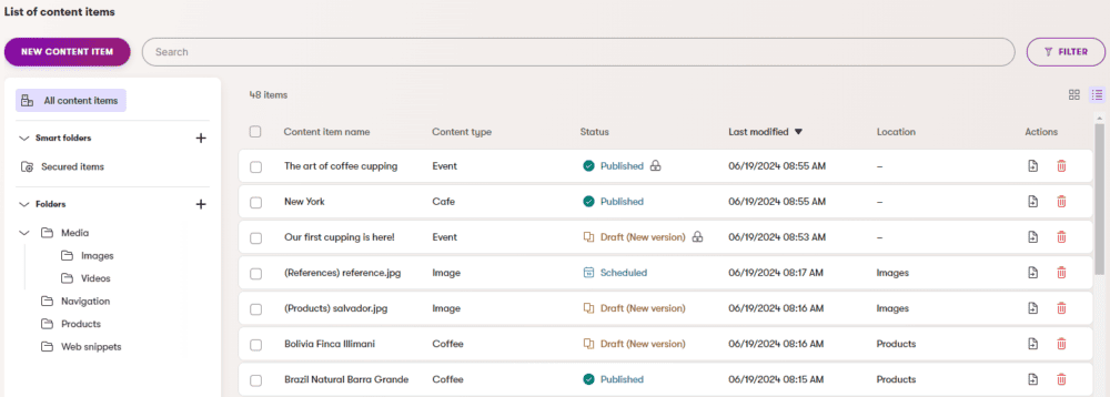 Xperience by Kentico content management interface displaying a list of content items. The list includes titles, content types, statuses (Published, Draft, Scheduled), last modified dates, and locations. The left sidebar features folders such as Media, Products, and Web snippets. A 'New Content Item' button and search bar are visible at the top.