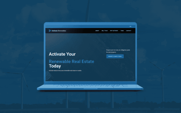 A blue laptop displaying the Activate Renewables website, superimposed over a background featuring wind turbines under a partly cloudy sky, creating a renewable energy-themed promotional image.