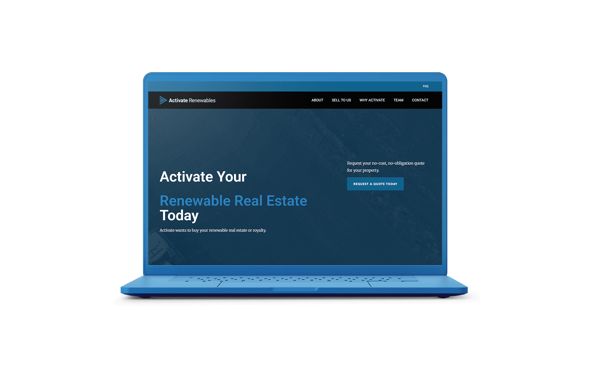 A blue laptop displaying the Activate Renewables website, which promotes renewable real estate investment and features a call to request a quote.