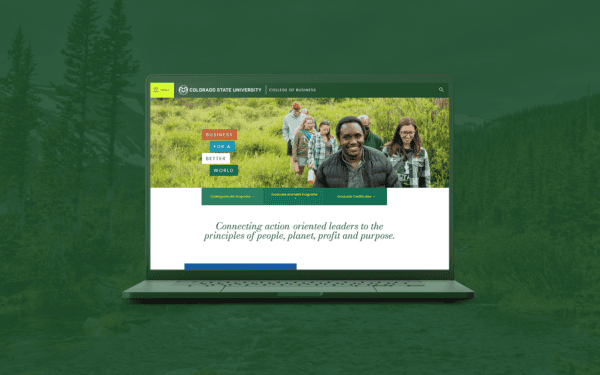 A green laptop displaying the Colorado State University College of Business website, superimposed over a scenic mountain landscape with a river and snow-capped peaks, creating a blended promotional image.