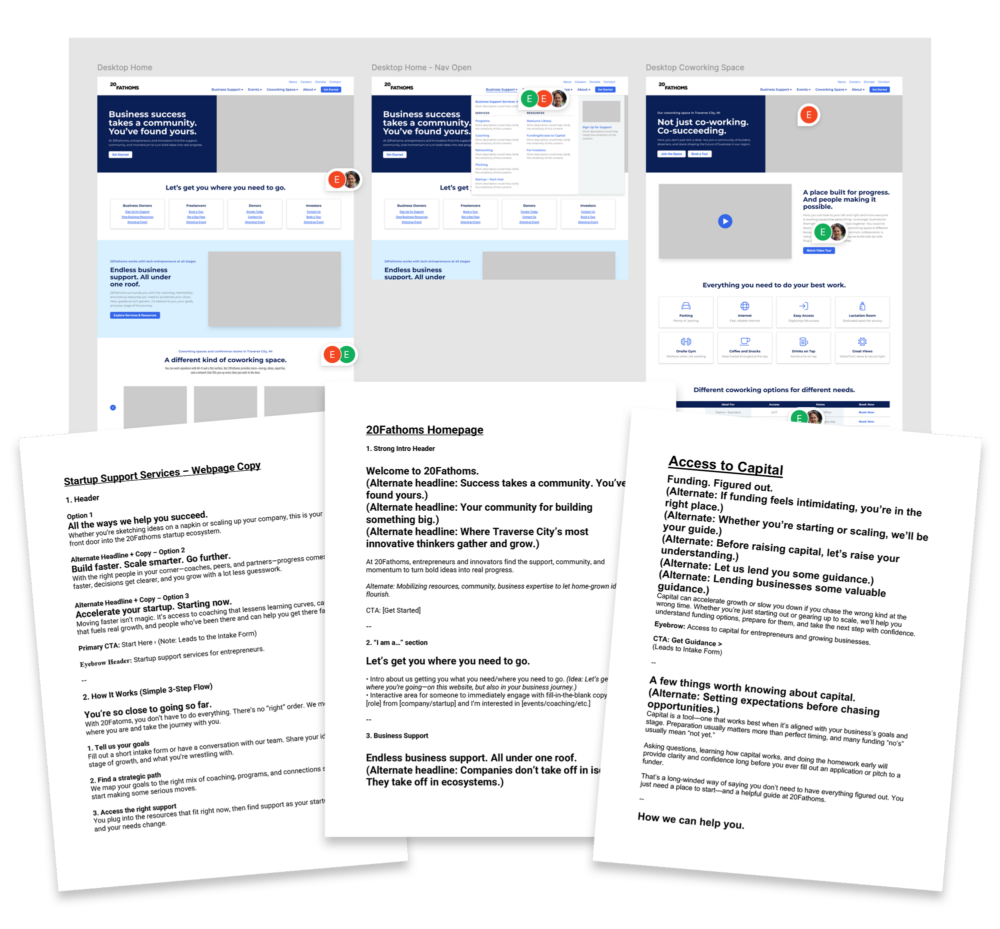collage of 20Fathoms sitemap and content docs