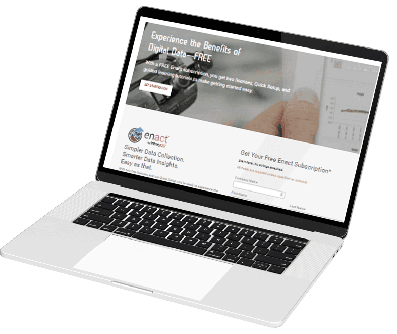 Laptop displaying the Enact by InfinityQS webpage offering a free subscription, featuring a form to sign up and a banner highlighting the benefits of digital data collection and guided learning tutorials.
