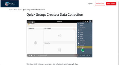 Screenshot of an Enact software training video titled 'Quick Setup: Create a Data Collection,' displaying a user interface with a navigation menu and a highlighted 'Data Collection' option.