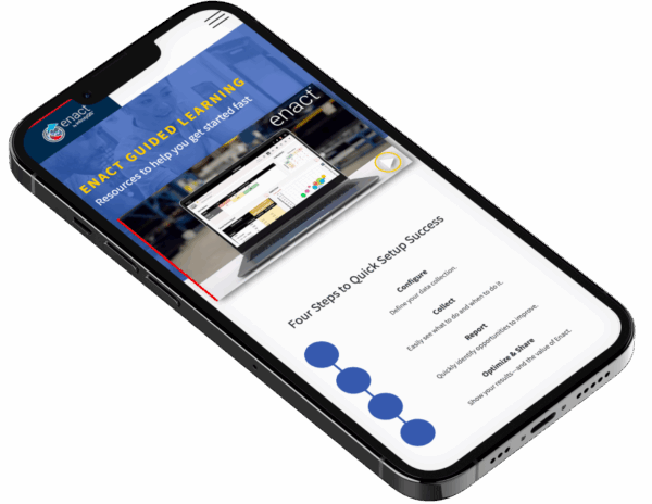 Smartphone screen displaying the Enact Guided Learning Center homepage. The screen features a promotional banner, a laptop with the Enact dashboard interface, and a four-step guide titled 'Four Steps to Quick Setup Success' with steps: Configure, Collect, Report, and Optimize & Share.